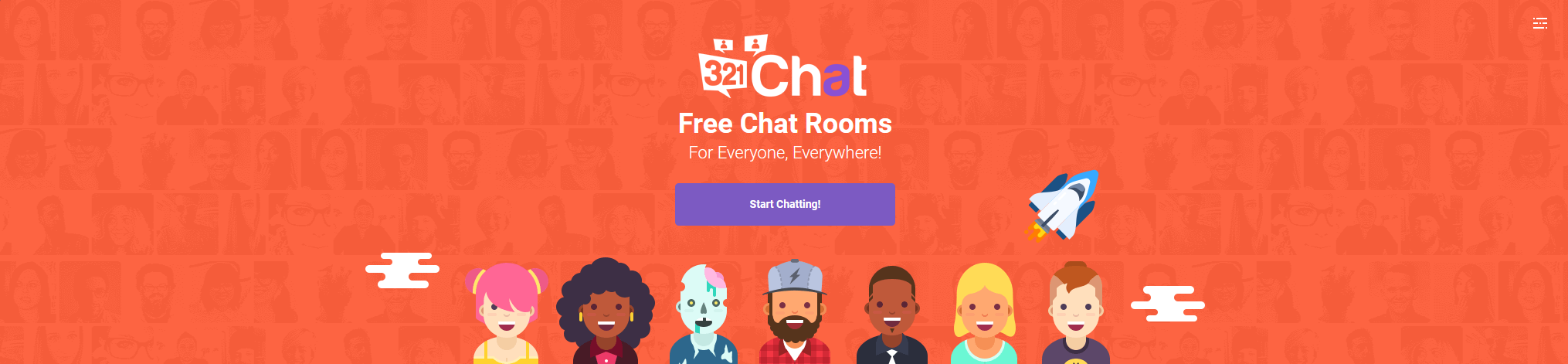 321Chat dating site homepage featuring vectors of multiple people.