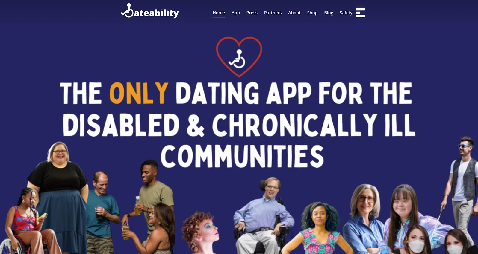 DateAbilityApp dating site homepage featuring multiple disabled people on dates.