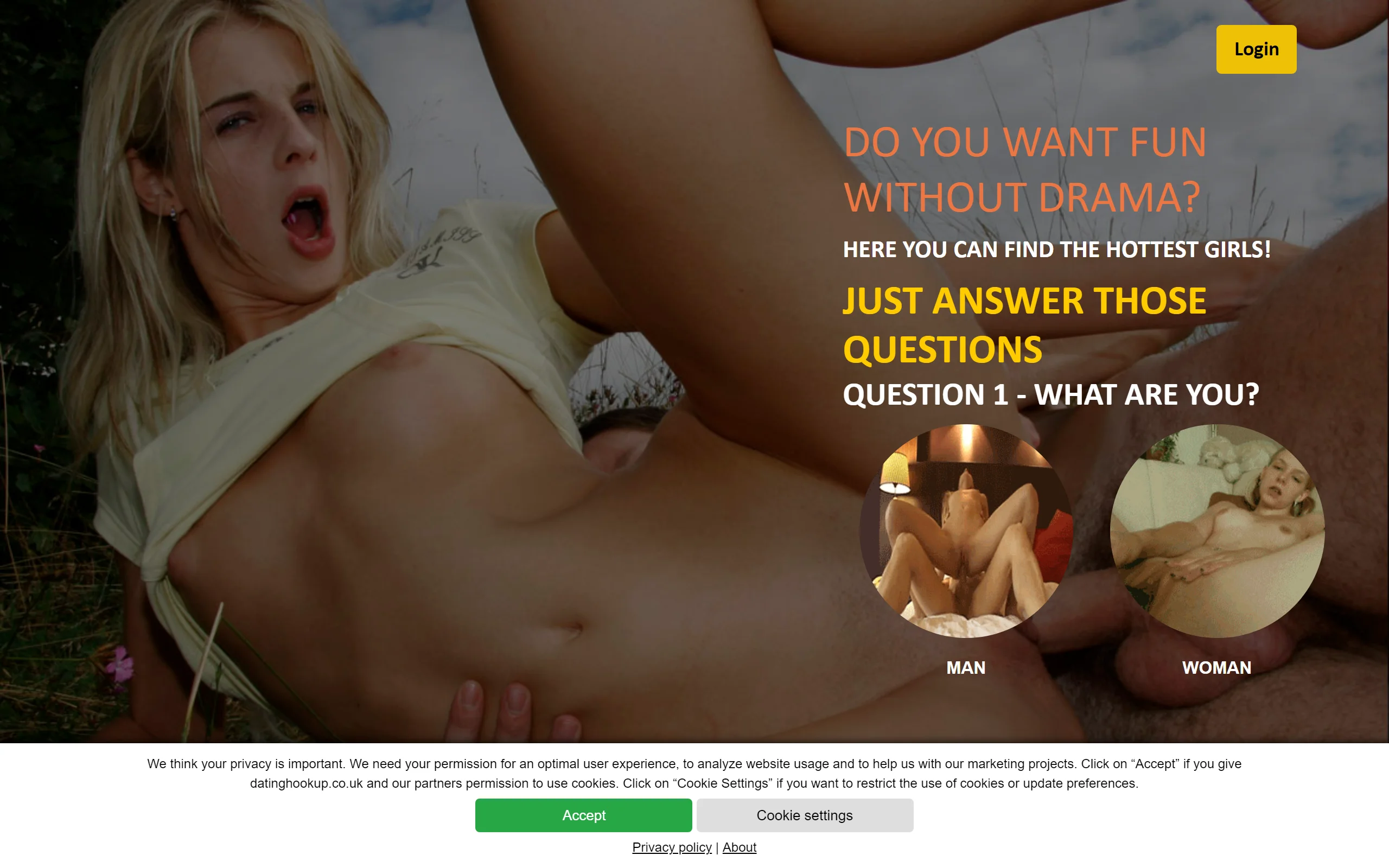 DatingHookup dating site homepage featuring woman bending over in pink lace lingerie on a bed.