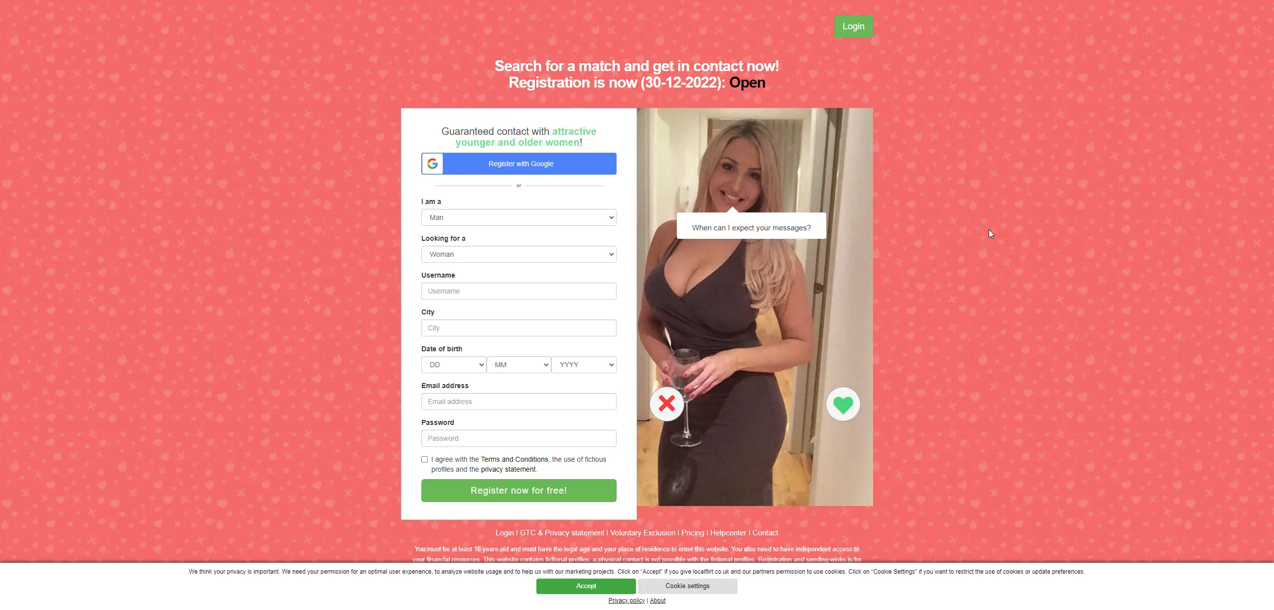 LocalFlirt dating site homepage with a blurred man holding his phone and texting a woman.