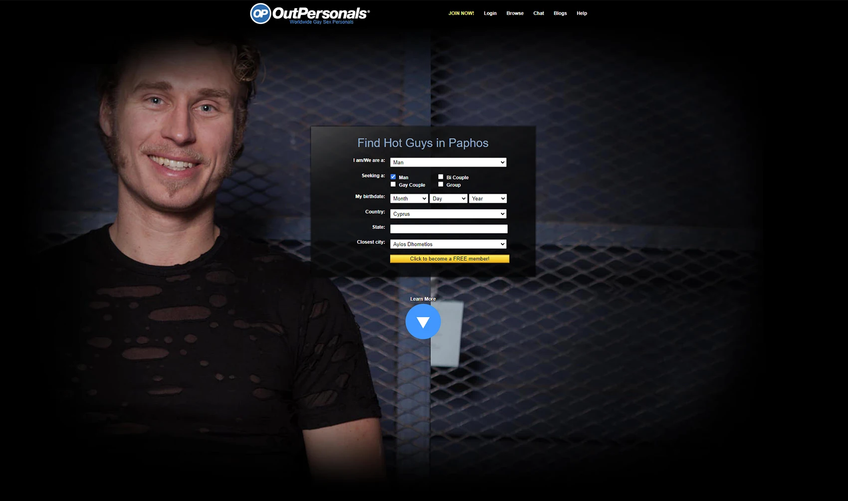 OutPersonals dating site homepage featuring man posing and smiling at the camera.