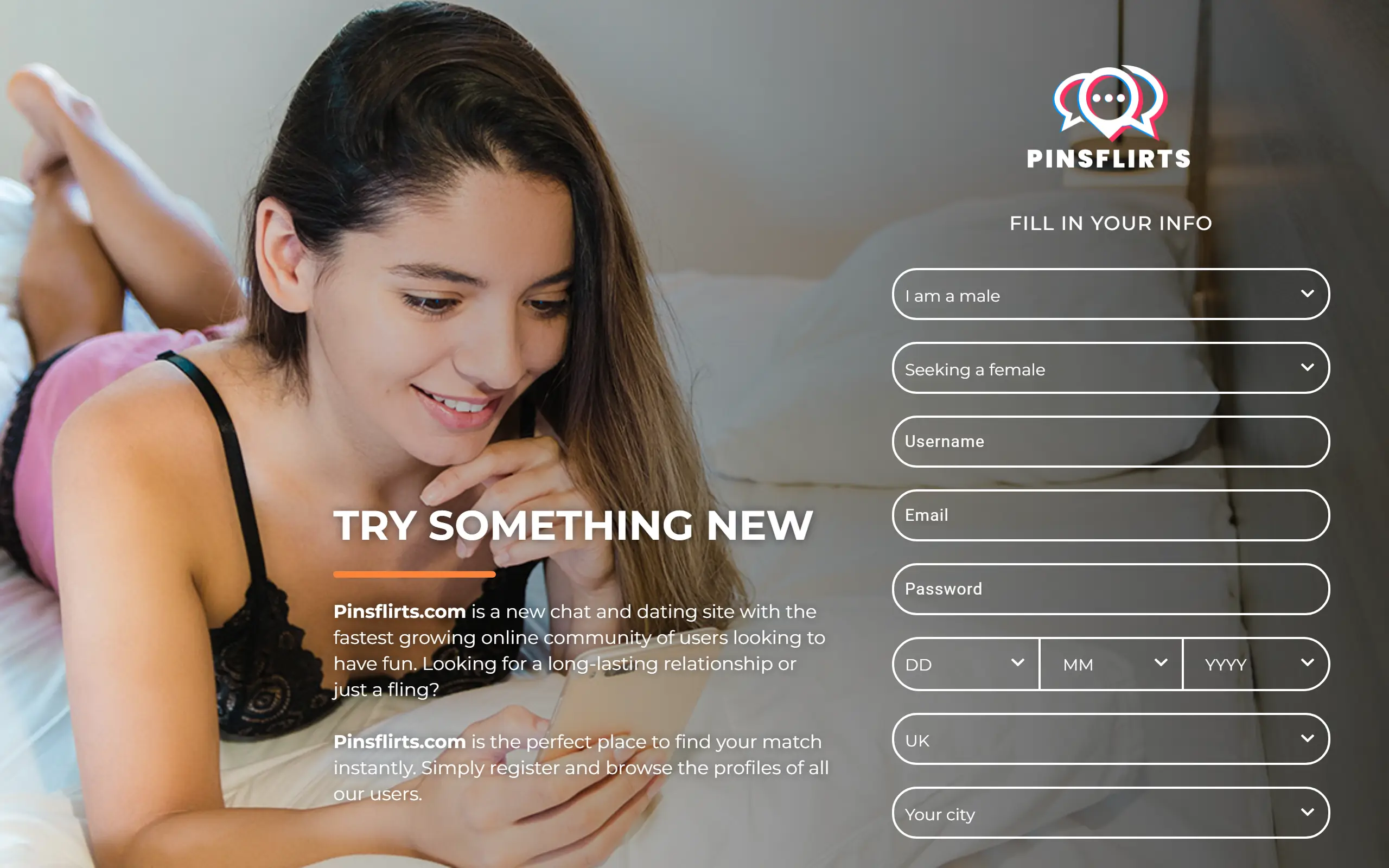 PinsFlirts dating site homepage featuring brunette woman in lace pyjamas lying in her bed and smiling while looking at her phone.