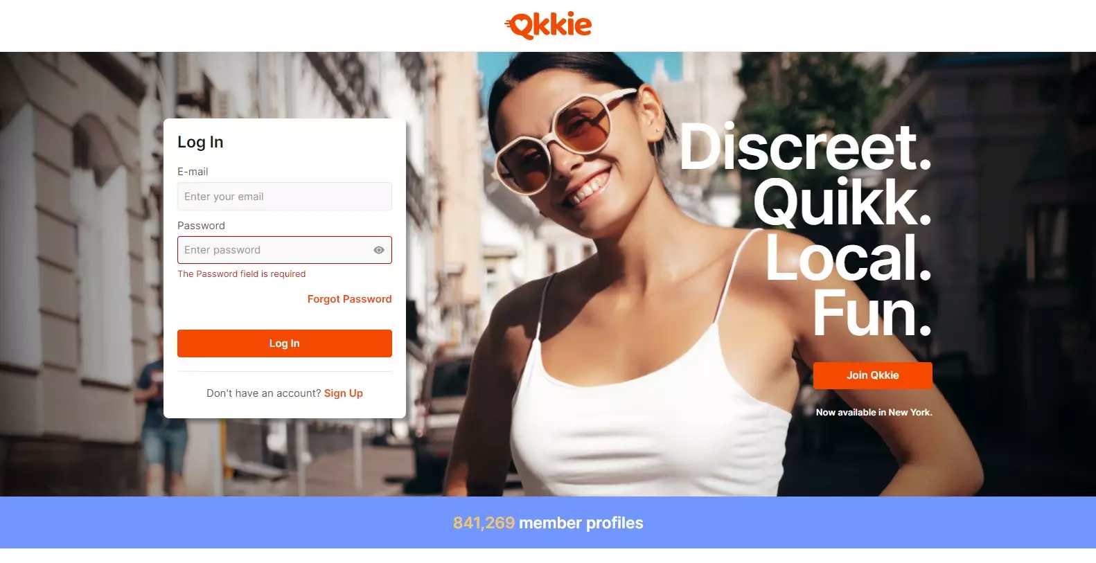 Qkkie dating site homepage featuring a young girl in white tank top and sunglasses, smiling.