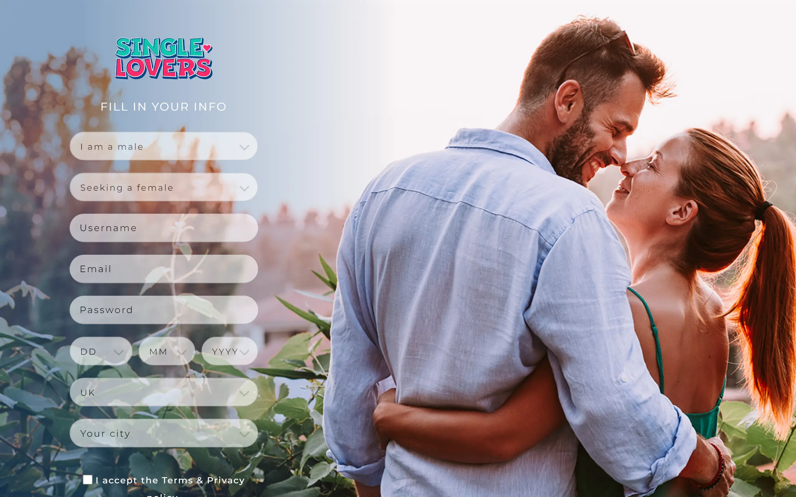The homepage of the dating site Single Lovers features a man and a woman hugging and smiling.