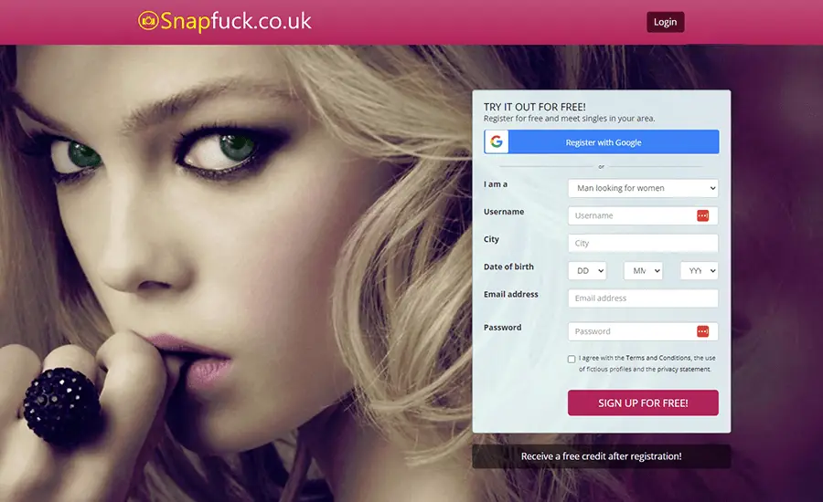 SnapFuck dating site homepage featuring a blonde woman with green eyes bitting her finger.